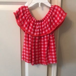 Red and pink checkered blouse- off the shoulder
